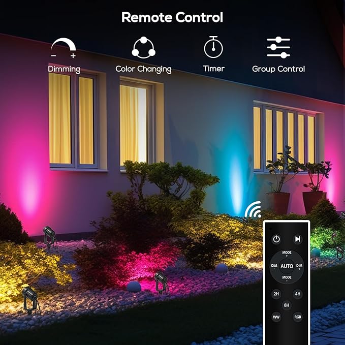 SUNTHIN Outdoor Landscape Lighting with Remote, RGBW Color Changing Spot Uplights, 6 Pack