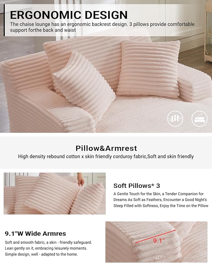 67 Inch Chaise Lounge Chair Indoor, Oversized Corduroy Upholstered Boneless Sofa Bed, Deep Seat Sleeper Couch Reading Chairs, Cloud Sofas Couches for Living Room, No Assembly Required (Pink)