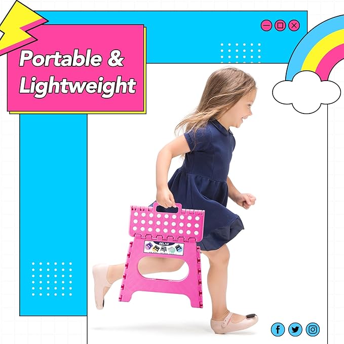 Delxo Folding Step Stool,11 Inch Non-Slip Foldable Step Stools for Kids and Adult,Portable Lightweight Small Folding Stool with Handle for Kitchen Bathroom in Pink,1 Pack
