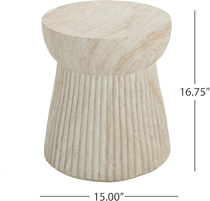 Christopher Knight Home Dila Patio Side Table, Lightweight Concrete End Table, Small Coffee Table, Garden Stool, Decorative Accent Table, Round Table Top, Side Table for Poolside Balcony, Travertine