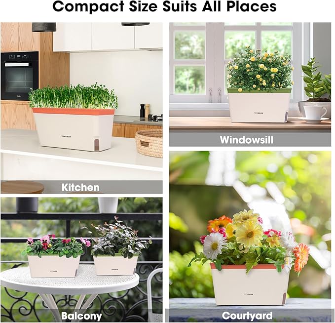 VIVOSUN Self-Watering Planters, 6-Pack 10.5 Inch Compact Rectangular Window Herb Planter Box with 10 PCS Plant Labels, Plant Container for Basil, Flowers, Succulents, Indoor & Outdoor