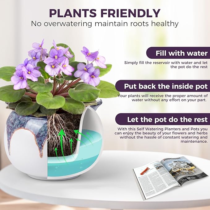 African Violet Pots, 6 inch Ceramic Easy Self Watering Plant Pot for Busy Plant Lovers, Automatically Absorb Appropriate Amount of Water, Flower Pot Indoor-Plants Not Included(Red)