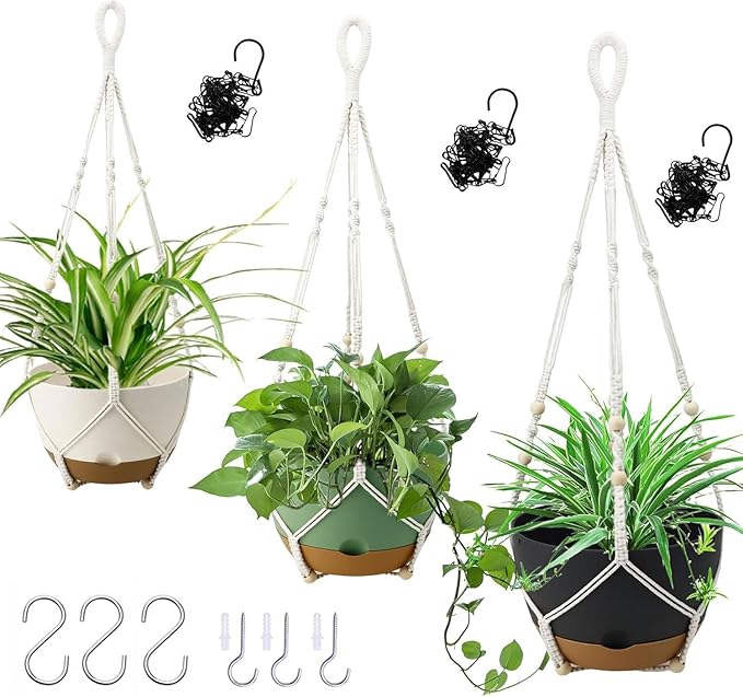 3 Pack Hanging Planters Set, 8 Inch Indoor Outdoor Hanging Plant Pot Basket,Hanging Flower Pot with Drainage Hole with 3 Hooks for Garden Home(8 inch Combination)
