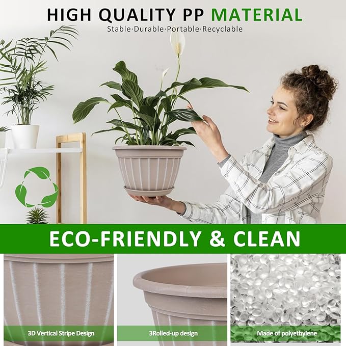 FGstyle 4 Pack Flower Pots,8 Inch Plants Pot,Planters Pot with Drainage Hole & Saucer,Modern Planters for Indoor Outdoor Plants,Decorative Resin Garden Pots for Outdoor Indoor Home Plants (Beige)