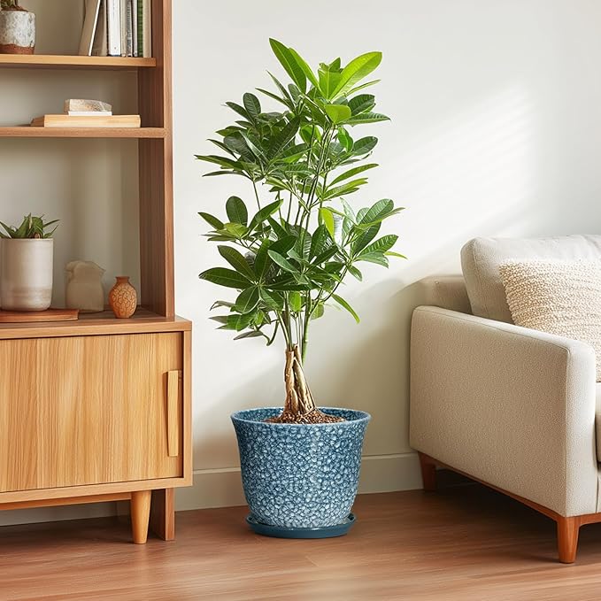 10 Inch Plant Pot - Ceramic Planter for Indoor Outdoor, Round Flower Pots with Drainage Hole and Saucer, Modern Decorative Planter for Plants, Home Office Decor, Plant Lover Gifts, Blue