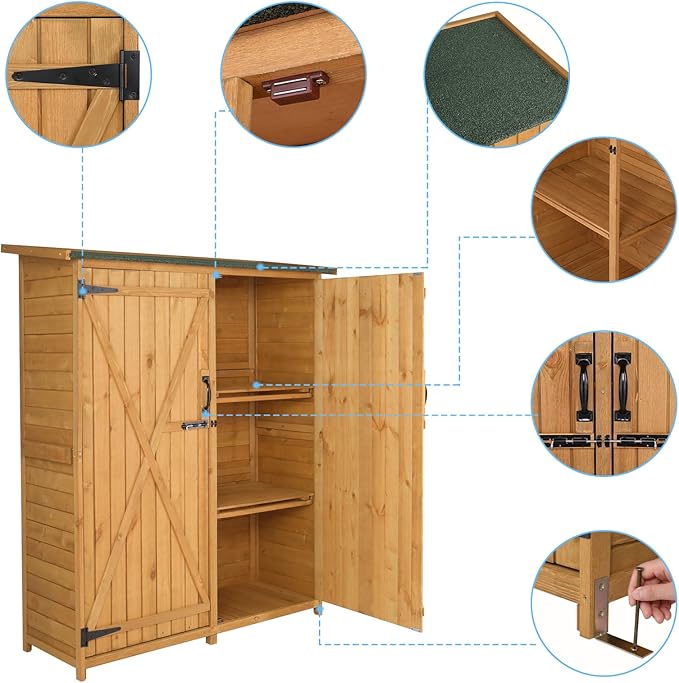 Outvita Outdoor Storage Cabinet with Waterproof Roof, Double Lockable Doors Garden Shed with 2 Removable Shelves, Wooden Storage Shed with Large Storage Space for Yard Garge Patio Deck Porch（Natural）