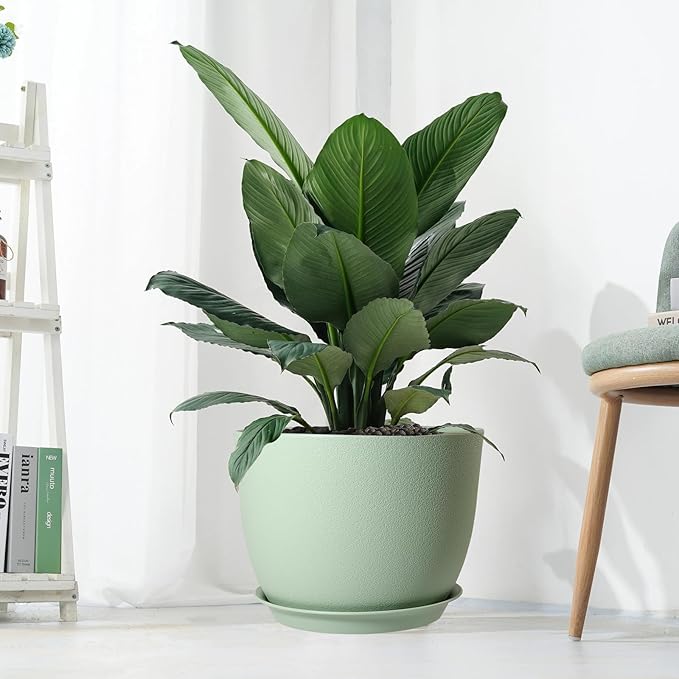 12inch Large Plant Pot, Modern Plastic Planter with High Driange Holes and Saucer for Indoor Outdoor Garden Plants and Flowers, Green