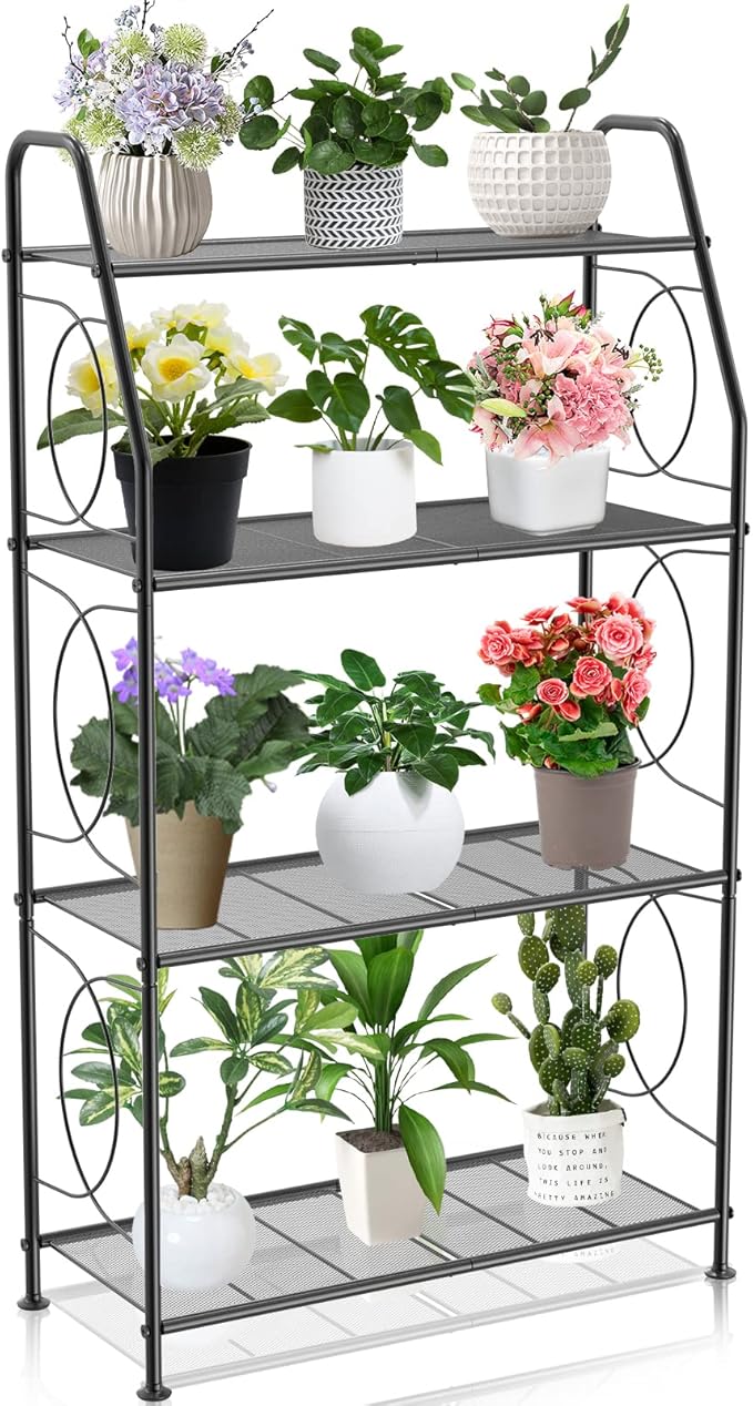 Plant Stand, 4 Tier Plant Shelf for Indoor Outdoor, Heavy Duty Metal Tall Plant Stands Holder Rack for Living Room Balcony and Garden, Black