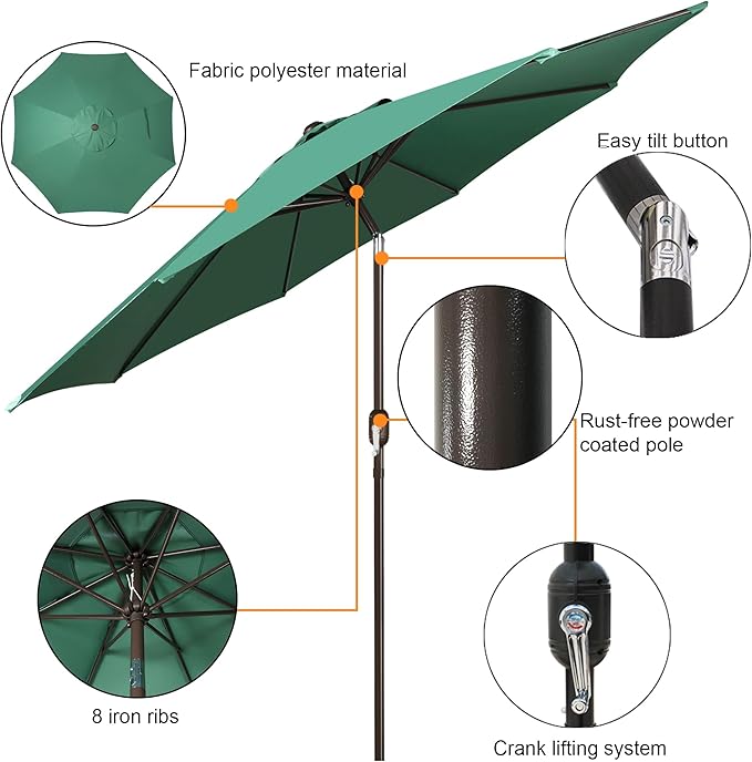 Blissun 9' Outdoor Patio Umbrella, Outdoor Table Umbrella, Yard Umbrella, Market Umbrella with 8 Sturdy Ribs, Push Button Tilt and Crank