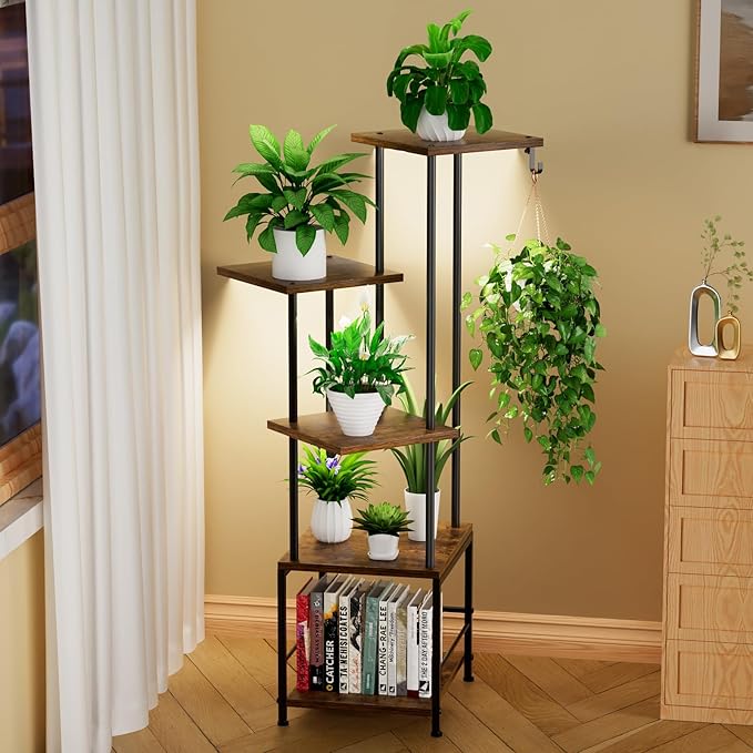 Plant Stand Indoor with Grow Light, 5-Tiered Tall Plant Stand Indoor, Metal Plant Shelf with Hanging Basket Hook and Adjustable Light, Ideal for Living Room, Garden, Patio (Black Brown)