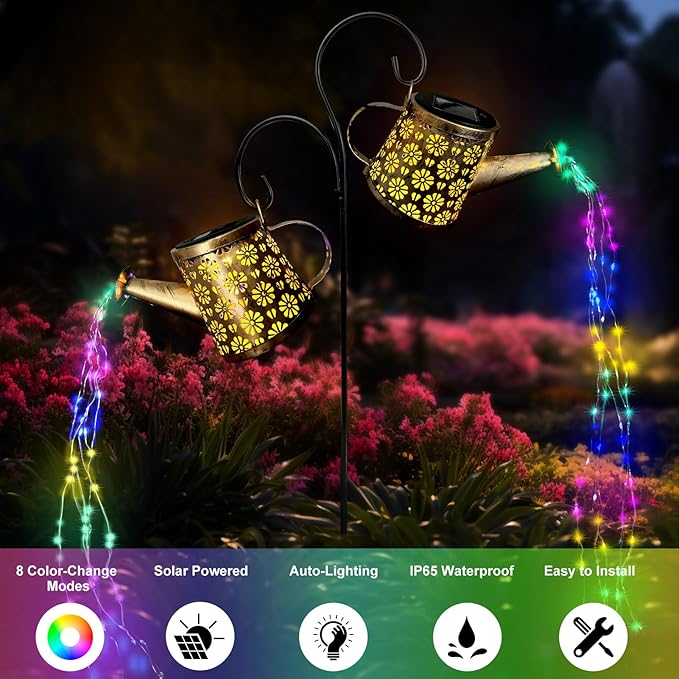 Solar Watering Can Lights Outdoor, IP65 Waterproof Garden Decor Solar Garden Light 8 Multi-Color Changing Modes One Pole Two Lights Outdoor Decorations for Yard, Lawn, Patio