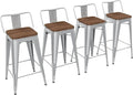 Yongchuang 30 inch Bar Stools Set of 4 Bar Height Metal Barstools with Wood Seat Low Back Kitchen Bar Chairs Silver