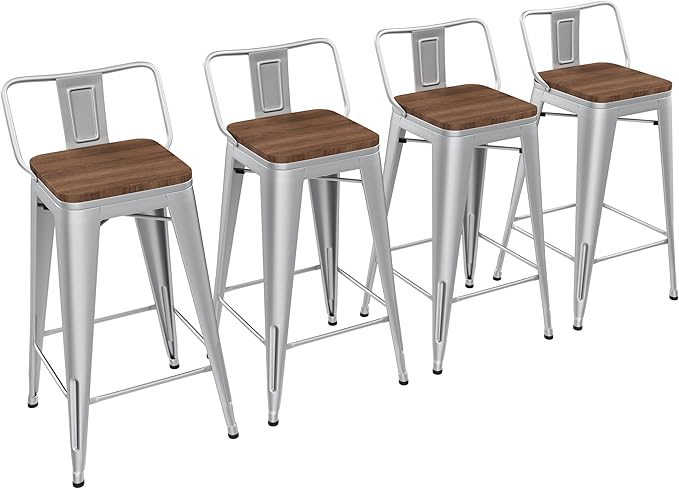 Yongchuang 30 inch Bar Stools Set of 4 Bar Height Metal Barstools with Wood Seat Low Back Kitchen Bar Chairs Silver