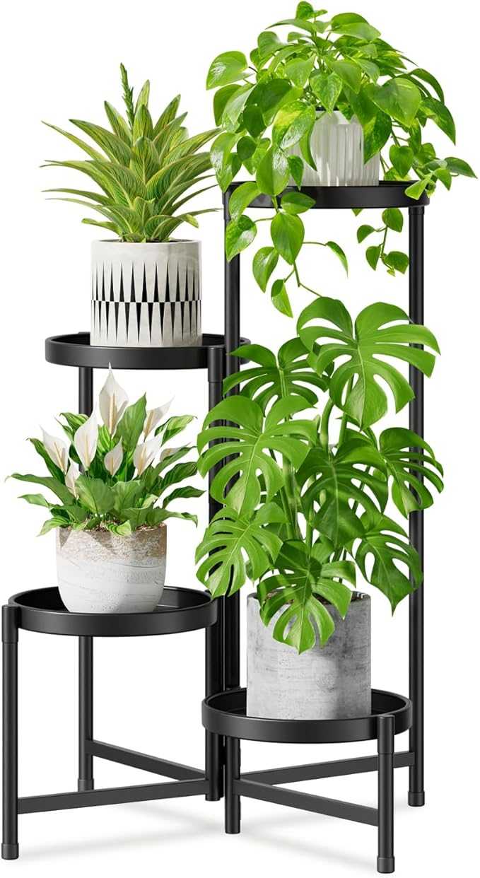 iDavosic.ly 4 Tier Large Plant Stand Indoor with 10 Inch Wide Tray, Tiered Corner Metal Outdoor Flower Display Holder Shelf, Folding Tall Rack for Patio Porch Living Room, Modern Black
