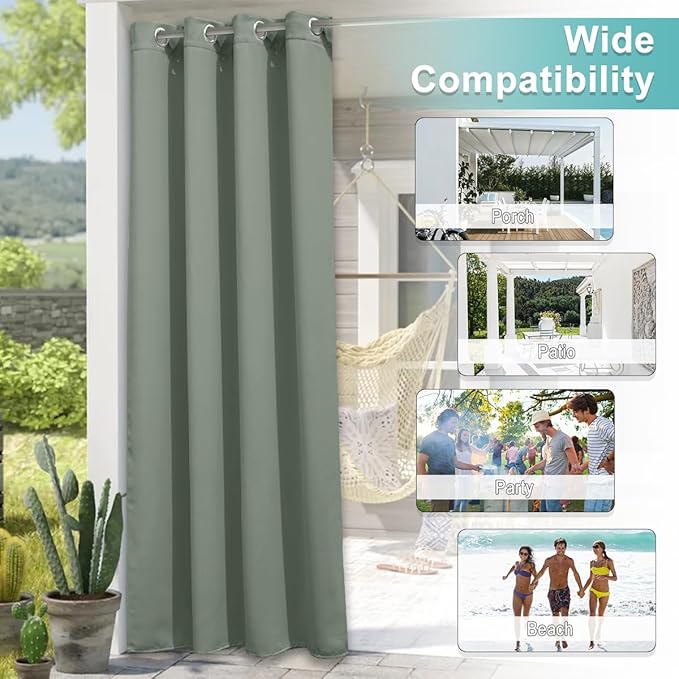 NICETOWN Outdoor Curtain for Patio Waterproof, W66 x L84 inch Sun Blocking UV Protection Blind for Porch & Balcony, Garden Pergola Swimming Pool Weatherproof Curtain for Summer, 1 Pc, Sage Green