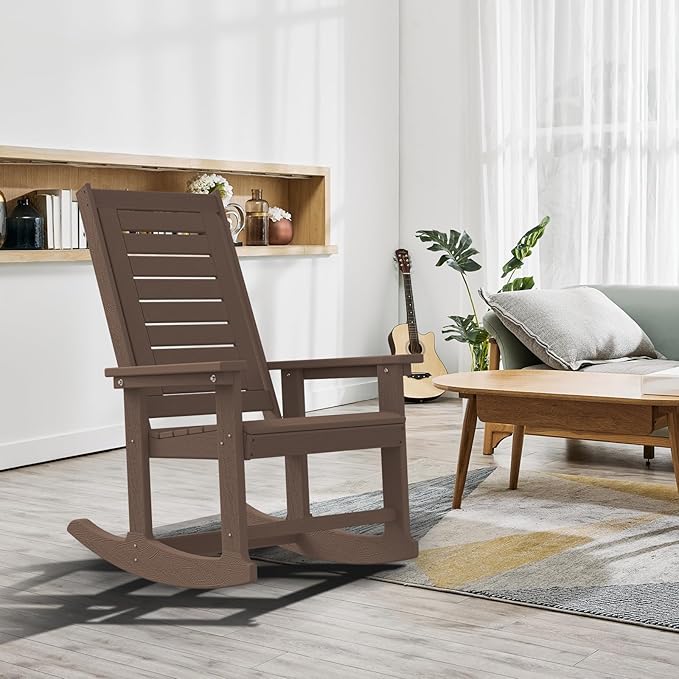 GREENVINES Outdoor Rocking Chairs | Set of 2 | Porch Rocker | HDPE Plastic | Wood Grain | Oversized Rockers | High Back | Big & Tall | Ladder Back | Dark Brown | for Patio Outside