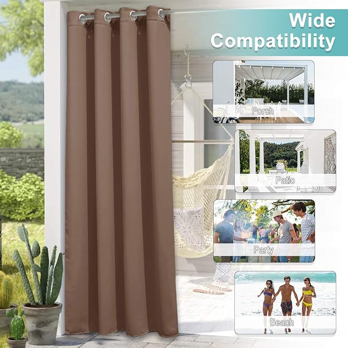 NICETOWN 2 Panels Outdoor Curtain Panels for Patio Waterproof, Stainless Steel Silver Grommet Thermal Insulated Blackout Thermal Insulated Outdoor Drapes for Patio/Front Porch, W52 x L108, Tan