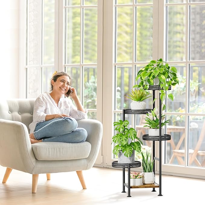 5 Tier Plant Stand Indoor Outdoor, Tierd Corner Metal Plant Stands Holder for Multiple Plants, Flower Orchid Pot Shelf Display Rack for Living Room Balcony Garden Patio, Black (5 tier-Hollow Black)