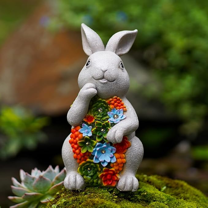 Nacome Solar Garden Outdoor Statues Bunny with Succulent and 7 LED Lights – Lawn Decor for Patio, Balcony, Yard Ornament - Chrismtas Gifts for Mom Grandma