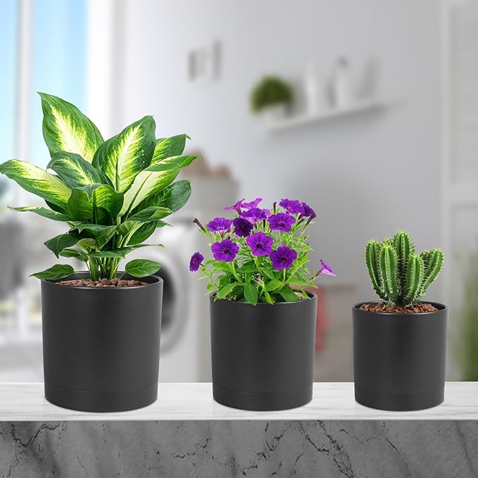 7/6.5/6/5/4 inch Plant Pots for Small Indoor Outdoor Plants, 5 Pack Cylinder Flower Pots with Drainage Holes and Saucers, Plastic Planters for Garden Succulent House Plants, Black