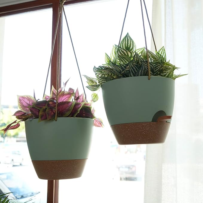 10 Inch Self Watering Hanging Pots, 2 Pack Hanging Planters with 40oZ Deep Reservior for Indoor Outdoor Plants Flowers, Green with Brown