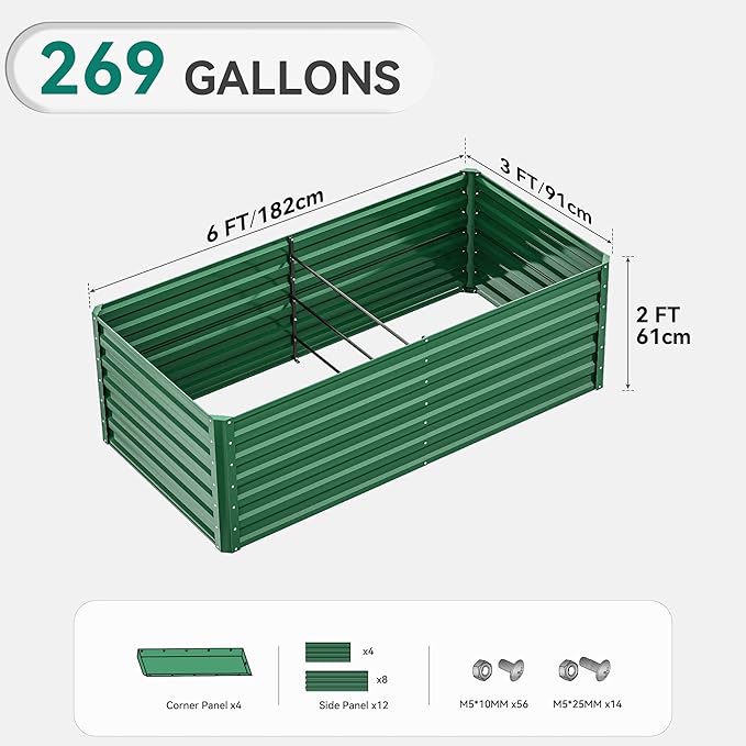 YITAHOME 6x3x2ft 2pcs Large Raised Garden Bed Kit, Galvanized Metal Planter Box with Gloves, Ground Nails, Support Rod, Outdoor Above Ground Planters for Plants Vegetables Flowers, Green