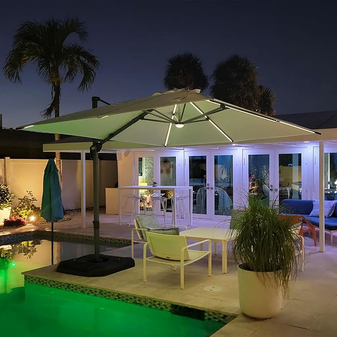 PURPLE LEAF 10 Feet Patio Umbrella with Base Outdoor Cantilever Solar Powered LED Square Umbrella Aluminum Offset Umbrella with 360-degree Rotation for Garden Deck Pool Patio, Beige