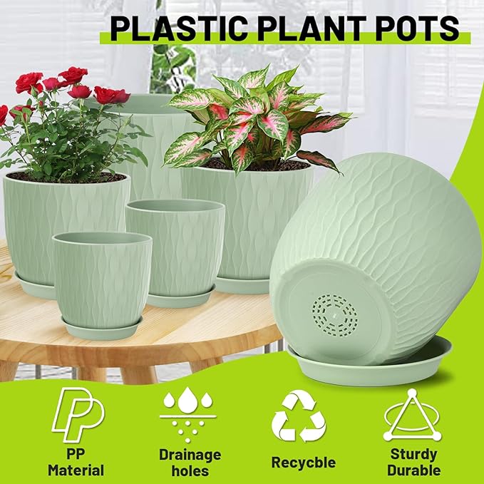 Plastic Plant Pots 10/9/8/7.5/7 inch Set of 5, Flower Planters with Drainage Holes and Saucers, Plastic Pots for Indoor Outdoor Plants, Livingroom Garden Decor (Green)