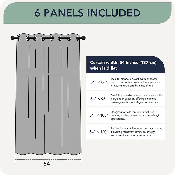 Outdoor Curtains for Patio Waterproof 6 Panels - Windproof, Privacy, Weatherproof Outside Drapes for Gazebo Pergola Porch, Grommet Top and Tab Bottom, 54x108 Inch, White