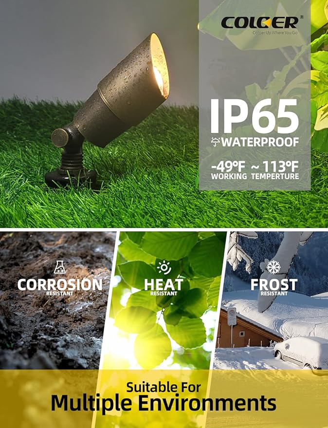 COLOER Brass Landscape Spotlights, 6 Pack Spot Lights Outdoor with 5W Aluminum Housing MR16 LED Bulb 2700K 450LM, 12V AC/DC Low Voltage Outdoor Lighting for Yard, Uplight for Garden and Patio(101B)