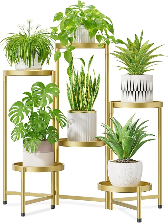 iDavosic.ly 6 Tier Large Plant Stand Indoor, 10 Inch Wide Tall Corner Metal Plant Stands Outdoor for Multiple Plants, Folding Tiered Flower Display Holder Rack Shelf, Gold