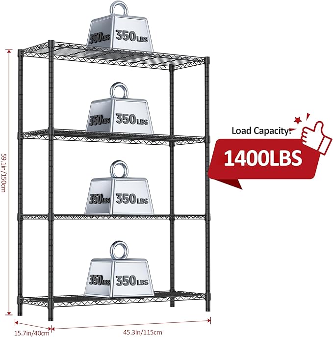 IZEUK 1400 LBS Garage Black Shelving Wide Storage Shelves 4 Tier Adjustable Heavy Duty Metal Wire Rack Standing Shelf Unit for Kitchen Office College Dorm Garage Warehouse 15.8" x 45.8"x 59.4"