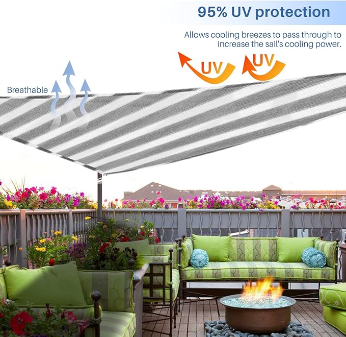 E&K Sunrise 4' x 4' x 4' Sun Shade Sail Triangle Canopy Shade Cover UV Block for Patio Backyard Garden Outdoor (Gray White Strip)