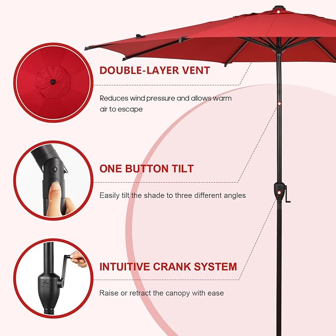 Abba Patio 11FT Lyon Outdoor Patio Umbrella Outdoor Table Umbrella with Push Button Tilt and Crank Market Umbrella 8 Sturdy Ribs UV Protection Waterproof for Garden Deck Backyard Pool Dark Red