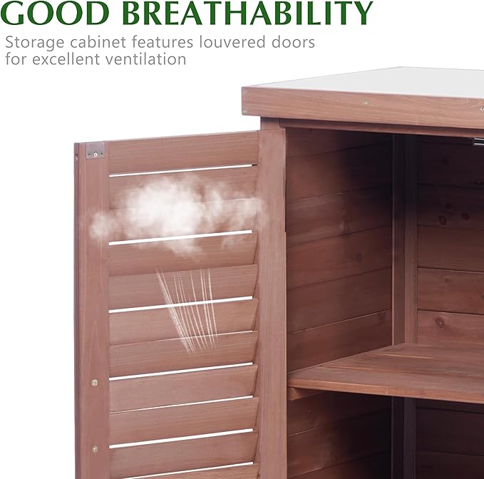 Outdoor Storage Cabinet & Potting Bench Table with Metal Top, Wooden Patio Furniture, Garden Workstation (Dark Brown, 36x31x17in)