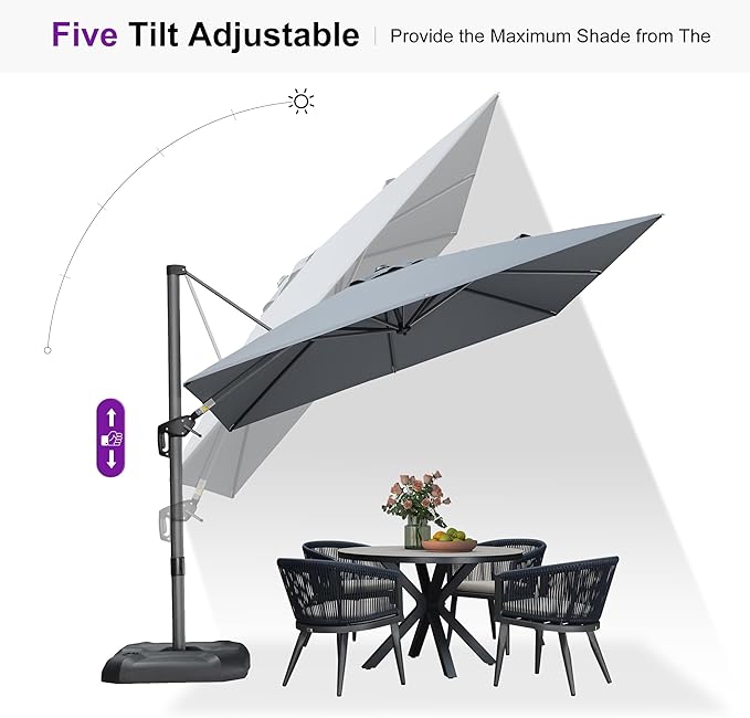 PURPLE LEAF 9 Feet Patio Umbrella with Base Outdoor Cantilever Square Umbrella Aluminum Offset Umbrella with 360-degree Rotation for Garden Deck Pool Patio Light Grey