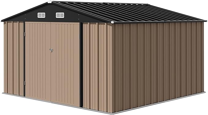 Devoko 10 x 10 FT Outdoor Storage Shed, Metal Garden Sheds & Outdoor Storage Clearance, Large Tool Shed Outdoor with Single Lockable Door for Patio Lawn Backyard (Brown)