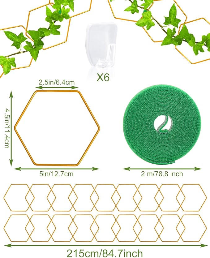 18 Pcs Chain Trellis for Climbing Plants, Potted Houseplant Accessories for Hoya, Ivy, Monstera, 6-Corner DIY Wall Trellis Plant Support with Hooks and Ties Indoor Outdoor(Gold)