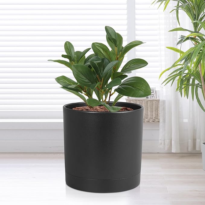 7/6.5/6/5/4 inch Plant Pots for Small Indoor Outdoor Plants, 5 Pack Cylinder Flower Pots with Drainage Holes and Saucers, Plastic Planters for Garden Succulent House Plants, Black