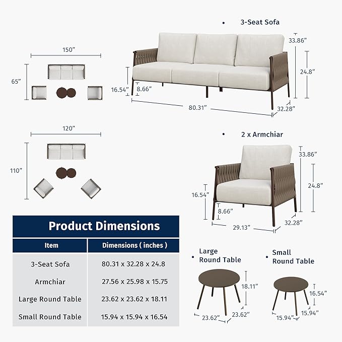 East Oak 5-Piece Patio Furniture Set | Life Chatter 5-Seat Outdoor Furniture | Deep Seating & Two Coffee Tables | Waterproof Extra-Thick Cushions | Porch, Balcony & Backyard | Chestnut & Apricot