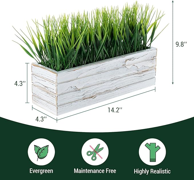 MyGift 14 Inch Artificial Green Grass Plant in Shabby White Washed Wood Planter Window Box - Faux Greenery in Rectangular Crate Style Wooden Container