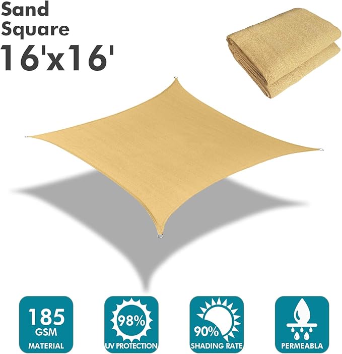 KANAGAWA Sun Shade Sail 16'x16' Sand Rectangle UV Block Canopy Awning Shelter Fabric Cloth Screen for Outdoor Patio Garden Backyard Activities