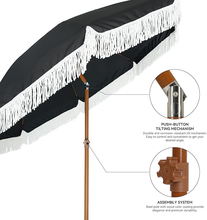 AMMSUN 7ft Patio Umbrella with Fringe Outdoor Tassel Umbrella UPF50+ Premium Steel Pole and Steel Ribs Push Button Tilt, Black