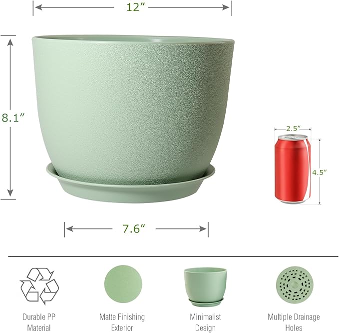 12inch Large Plant Pot, Modern Plastic Planter with High Driange Holes and Saucer for Indoor Outdoor Garden Plants and Flowers, Green