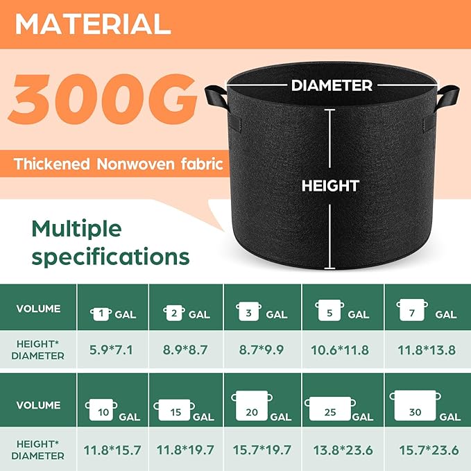 5 Pack 30 Gallon Grow Bags, Thickened Nonwoven Fabric Planter Pots with Handles, Heavy Duty 300G Garden Pots for Tomato, Potato and Vegetable
