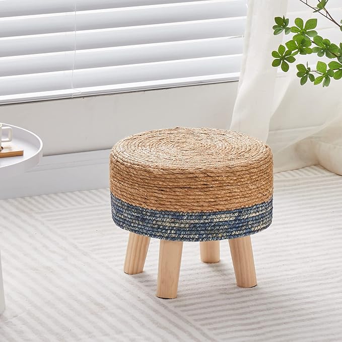 Wimarsbon Round Foot Stool Natural Seagrass Poufs Ottoman Hand Weave Footrest Stool for Couch Desk Extra Seat Step Stool with Solid Wood Legs for Hallway Patio Lounge Blue