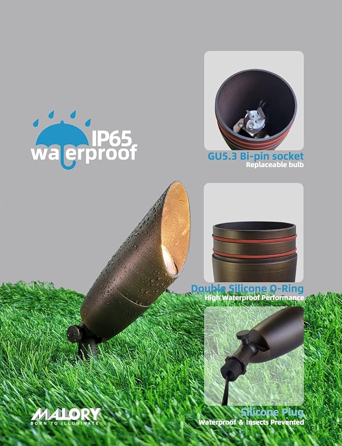 MALORY Solid Brass Landscape Spotlight 1-Pack with Bulb(S06), Low Voltage Front and Backyard Landscape Lighting with Large Rugged Slot Spike & Wire Connector,12V AC/DC Garden Patio Spot Up Light