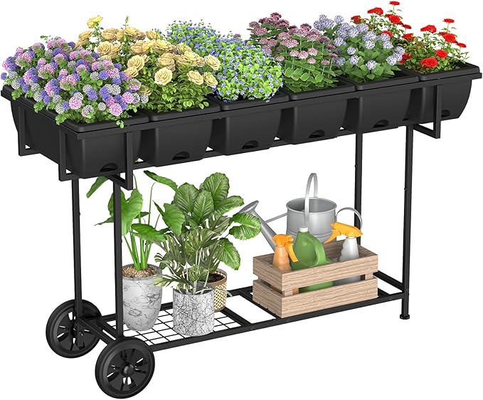 YBING Raised Garden Bed Outdoor with Wheels 42x17x29in Elevated Planter Box with Legs and Storage Shelf 6 Pocket Herb Garden Planter for Balcony Patio Deck Black