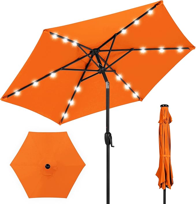 Best Choice Products 7.5ft Outdoor Solar Market Table Patio Umbrella for Deck, Pool w/Tilt, Crank, LED Lights - Orange