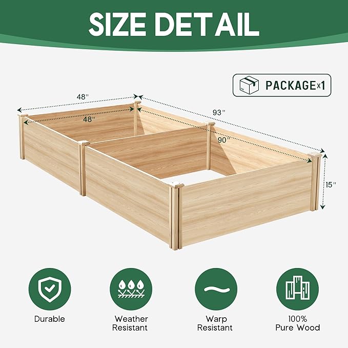AMERLIFE 8x4 Ft Wood Raised Garden Bed, Durable 15 Inch Depth Planter Box for Vegetables, Herbs, and Flowers, Ideal for Outdoor Gardening with Open Base